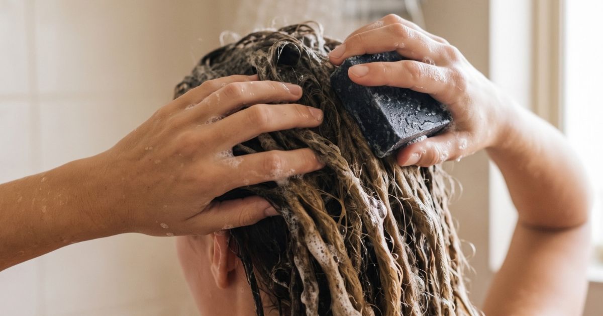Washing dreadlocks with a charcoal deep cleansing shampoo bar in the shower