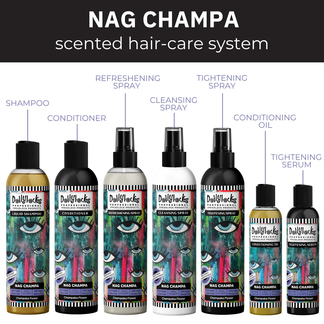 Nag Champa scented hair-care products with labeled products on a white background