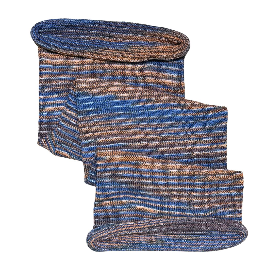 Blue orange large cotton dreadlock sock on a white background.