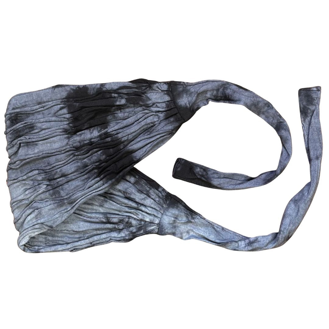 Grey/black cotton tie-up headband on a white background