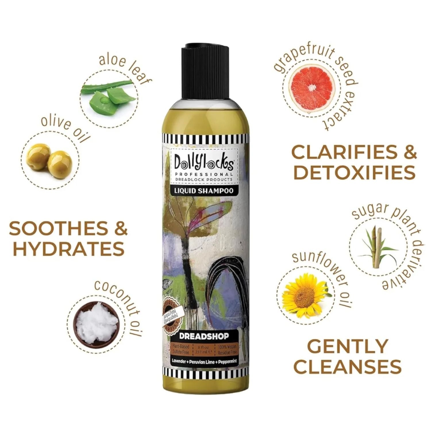 Dollylocks Dreadshop liquid shampoo bottle with ingredients and benefits on a white background
