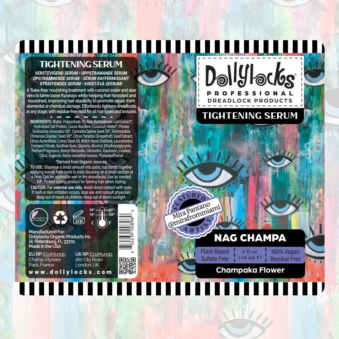 label of A bottle of Dollylocks Tightening Serum with Nag Champa scent, 4 fl oz size, with visual branding elements such as eyes and floral motifs.