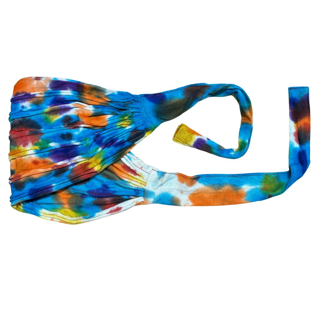 Rainbow cotton tie-up headband on a white background