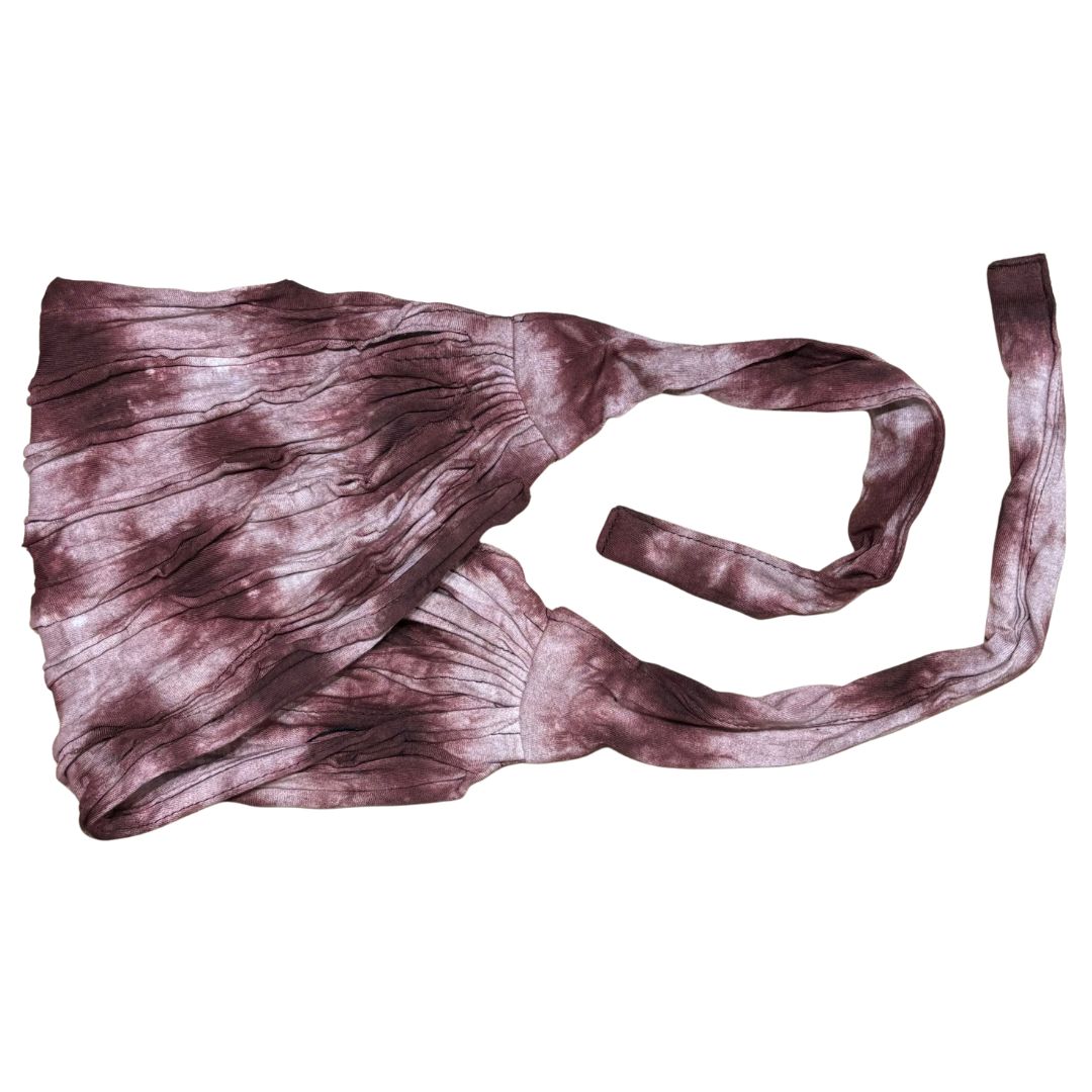 Purple/brown tie-up headband on a white background