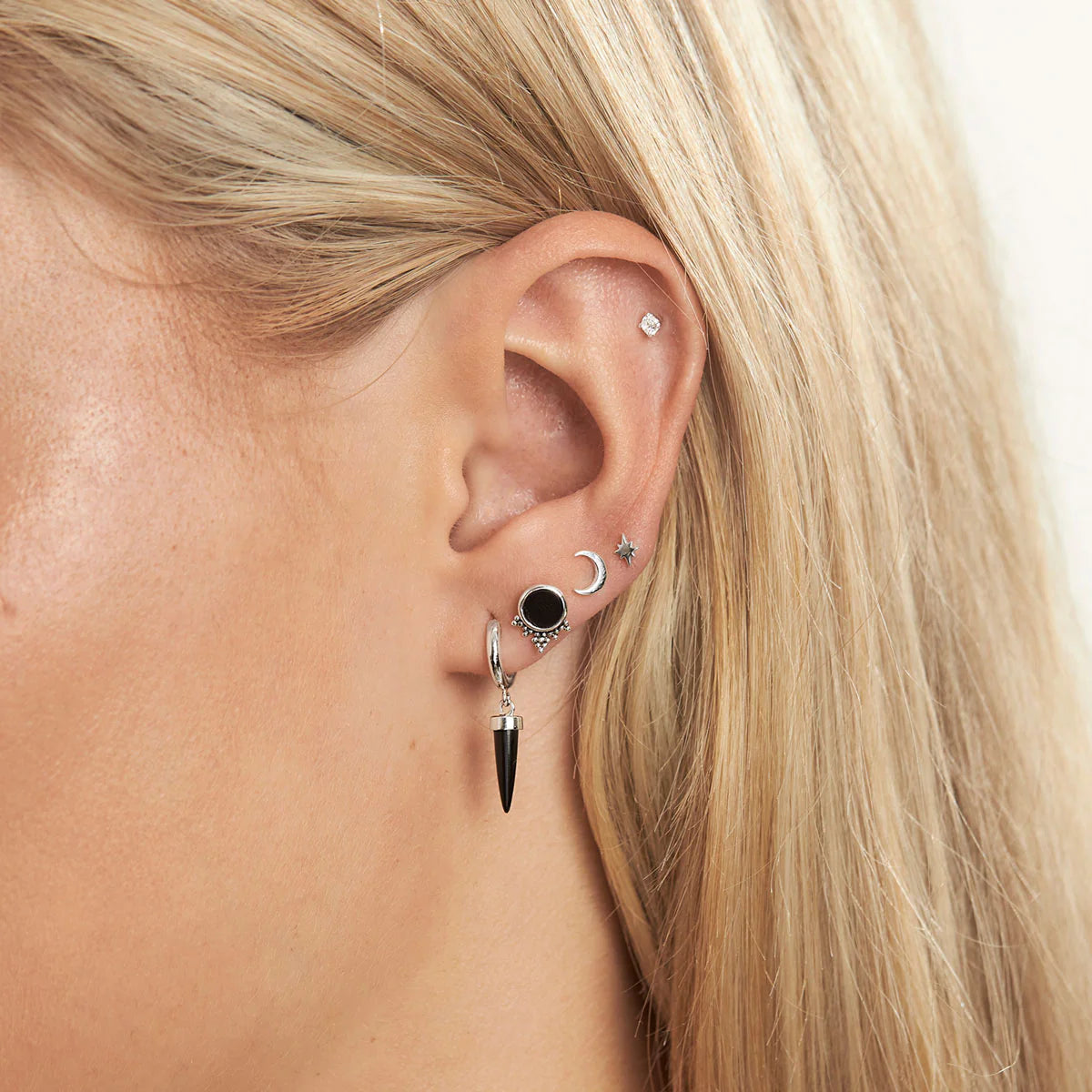 Sterling Silver Pyramidal Black Onyx Huggies