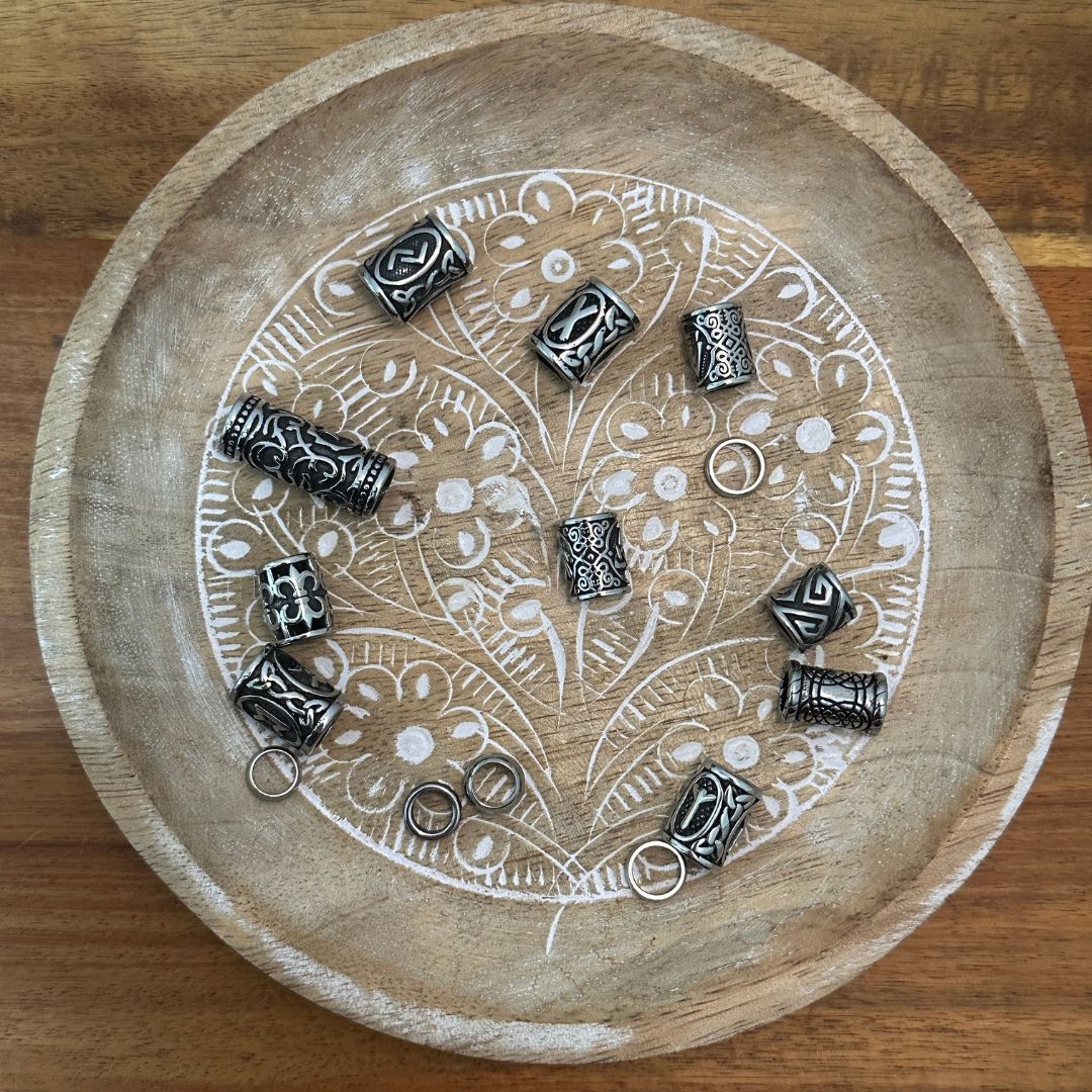 Stainless Steel dreadlock beads, set of 15 on a wooden dish - Mountain Dreads