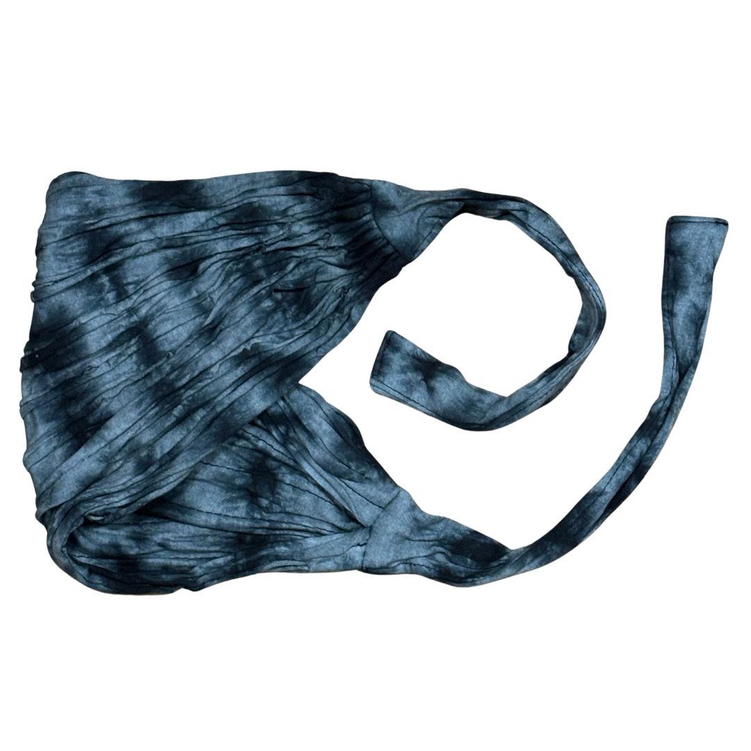 Grey blue tie-up headband on a white background