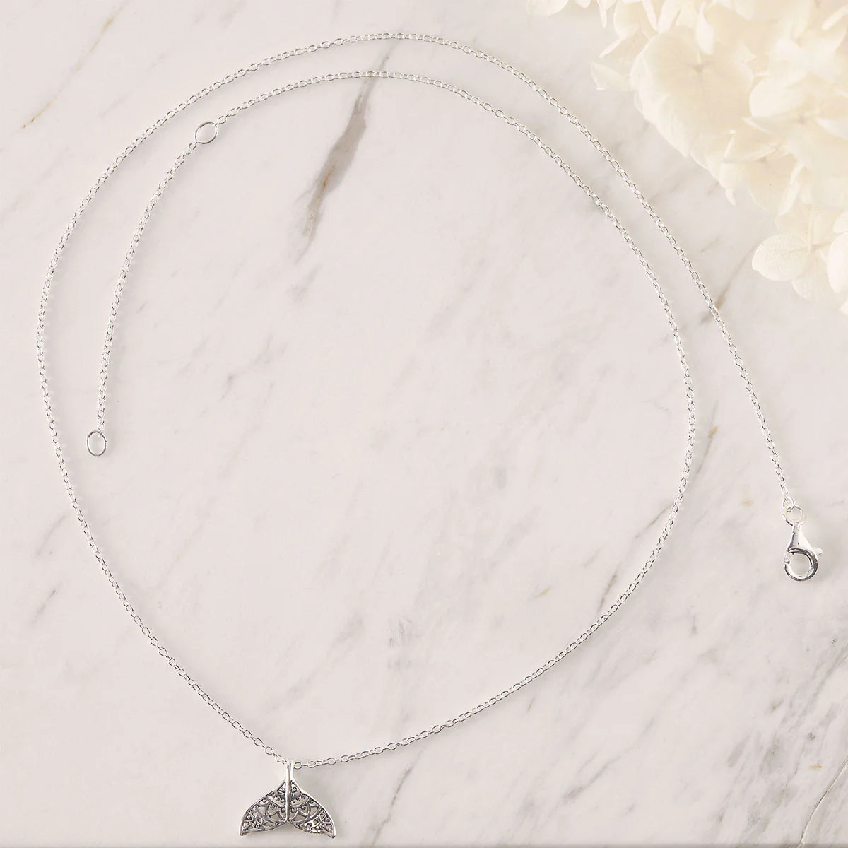 Sterling Silver, Dainty Mandala Dolphin Tail Necklace (view 3) - Mountain Dreads