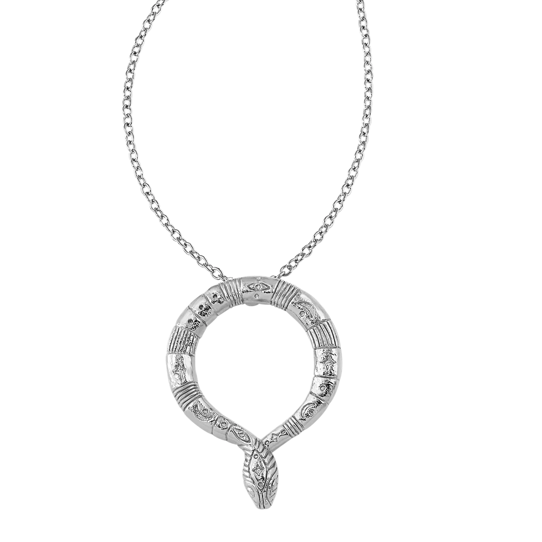 A silver-toned snake pendant necklace with a textured circular body and a small snake head hanging from the tail, shown on a plain white background.
