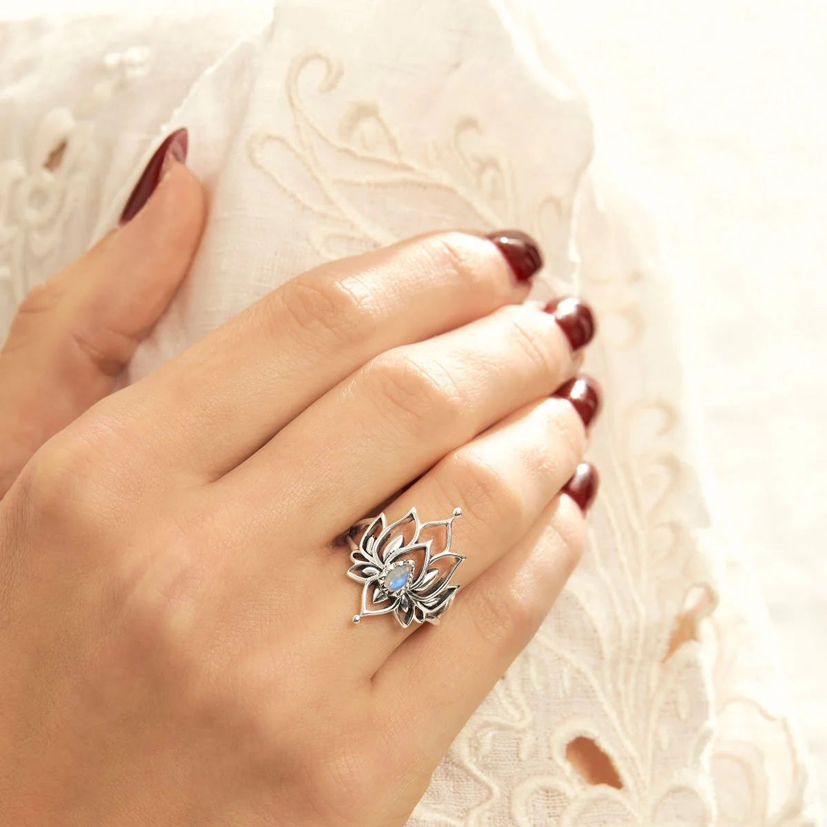 Sterling Silver Lotus Rainbow Moonstone Ring - Mountain Dreads