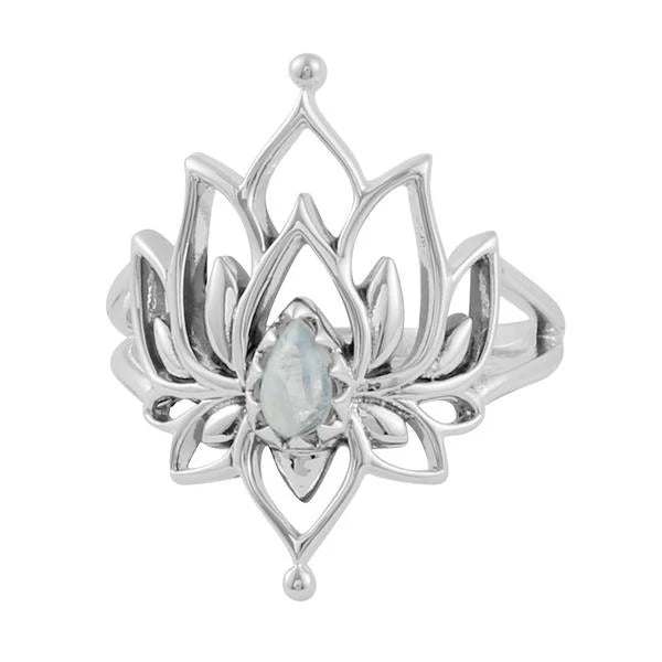 Sterling Silver Lotus Rainbow Moonstone Ring (view 2) - Mountain Dreads