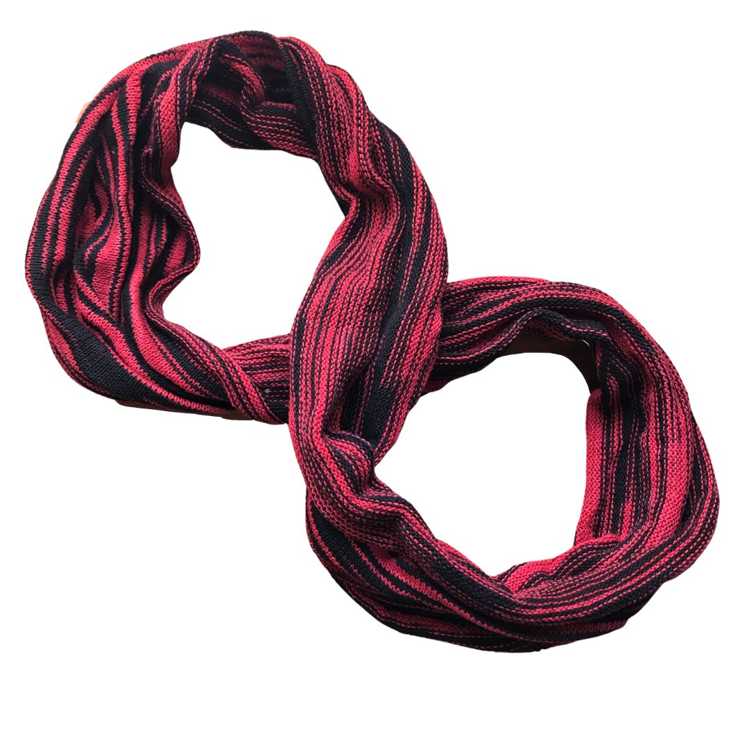 black and red cotton double loop dread wrap headband on a white background.