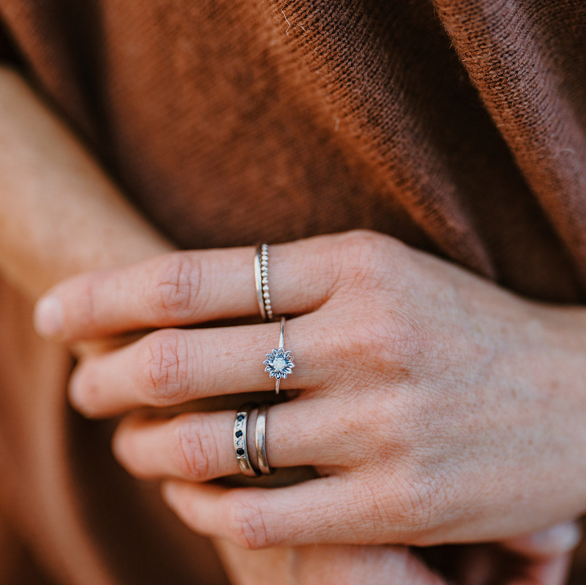 Sterling Silver Delicate Sunflower Moonstone Ring