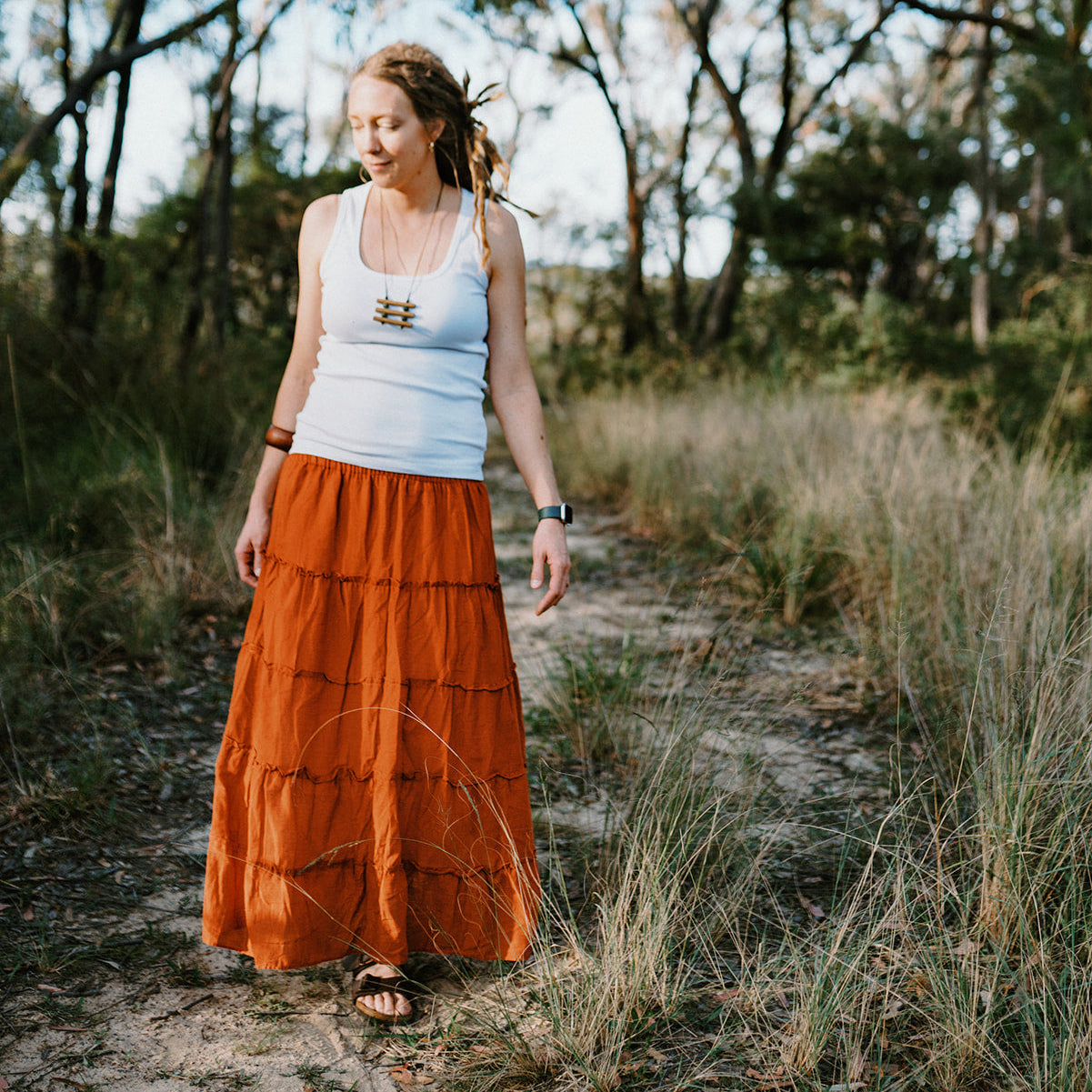 Cotton Tiered Maxi Skirt - Rust