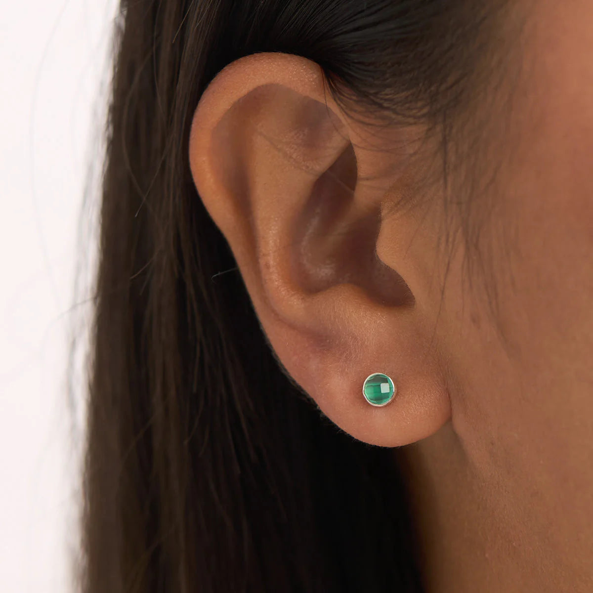 Sterling Silver Dainty Round Green Onyx Studs