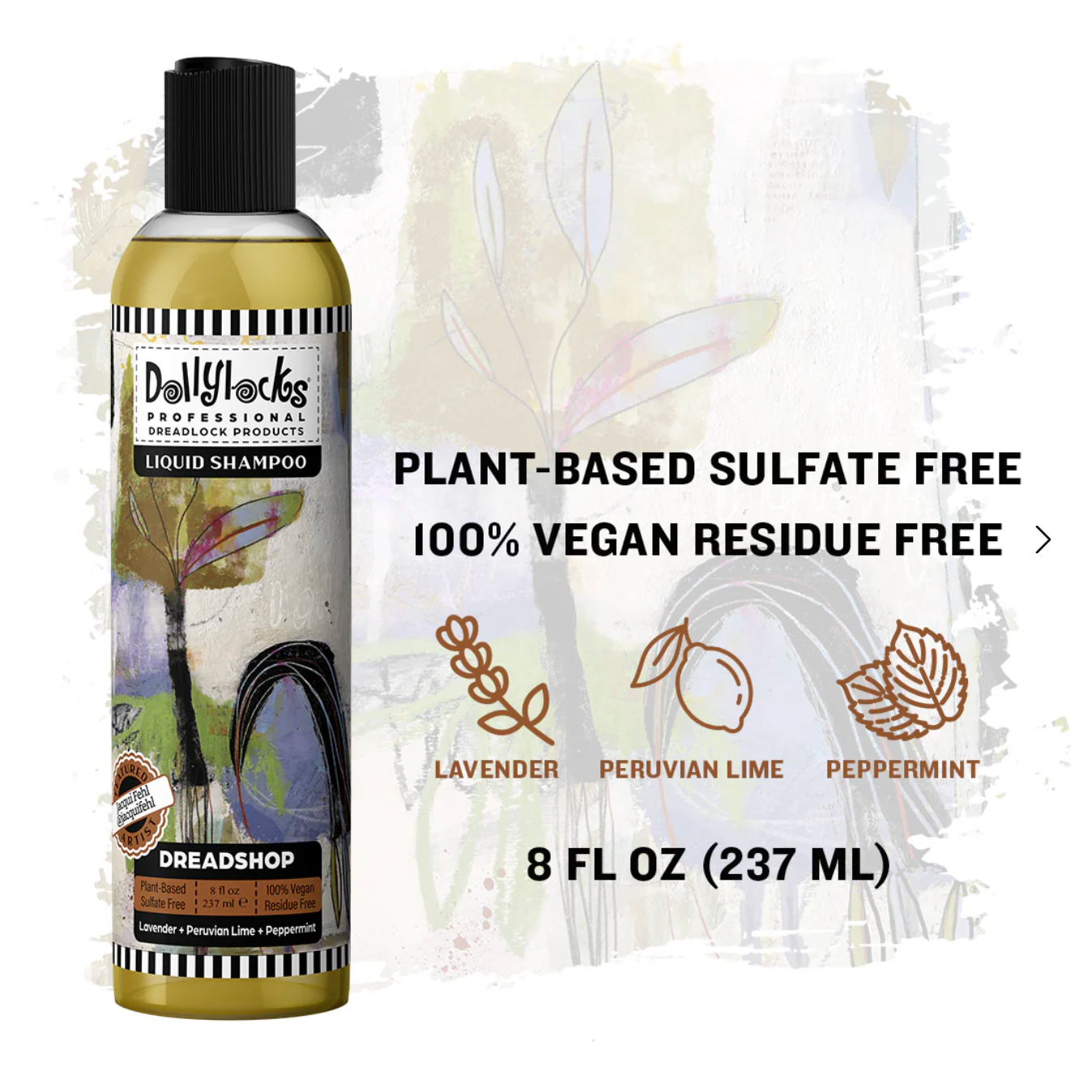 Dollylocks Dreadshop liquid shampoo bottle with plant-based and vegan information on a white background.