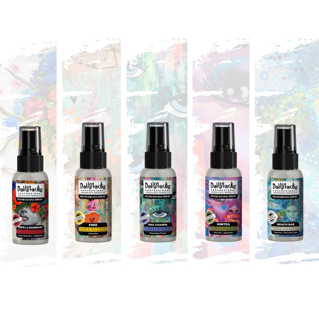 Five bottles of Dollylocks Refreshing Spray hair care products sampler set on a colourful abstract background
