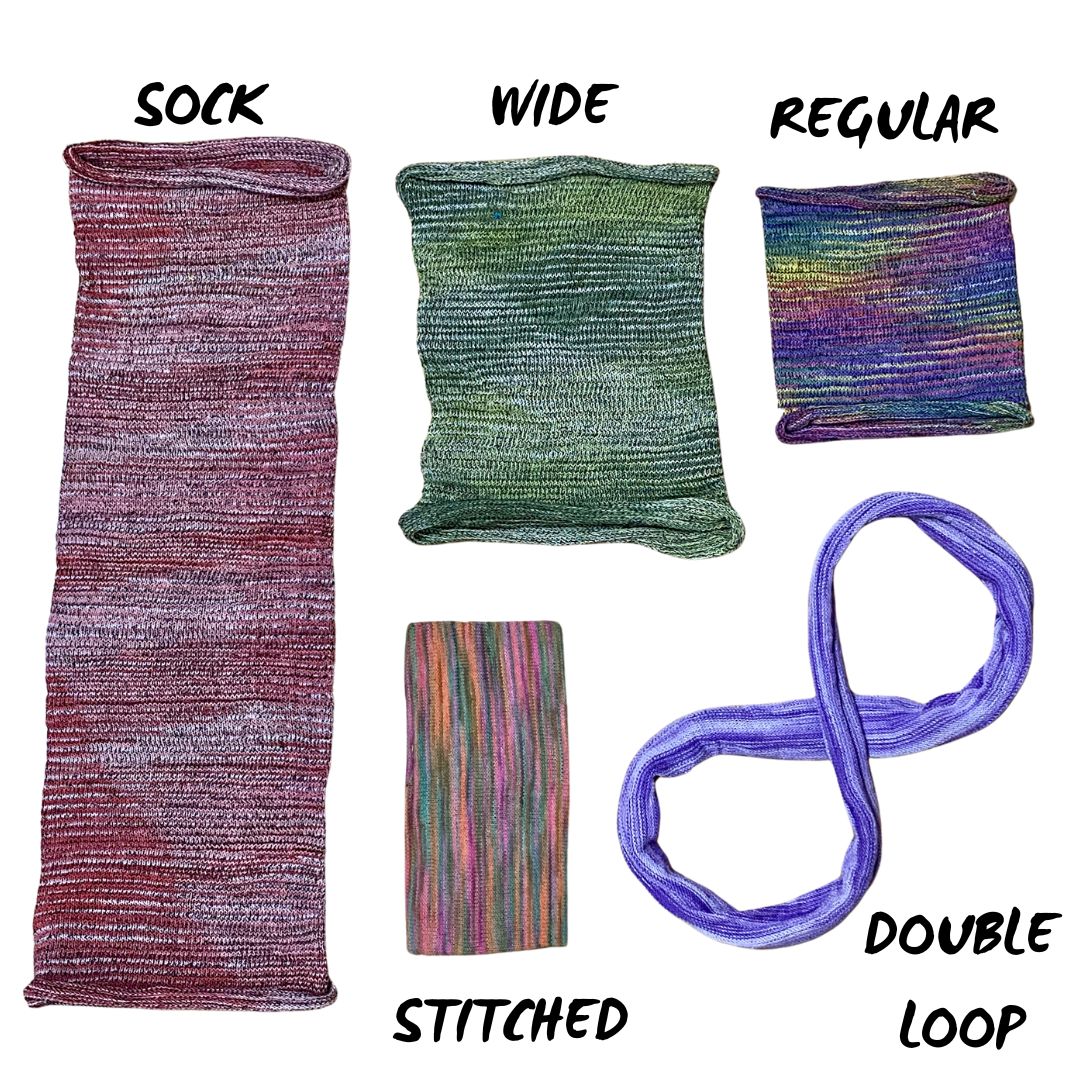 Photo showing the difference between a sock headband, wide headband, regular headband, stitched headband and double loop head band.