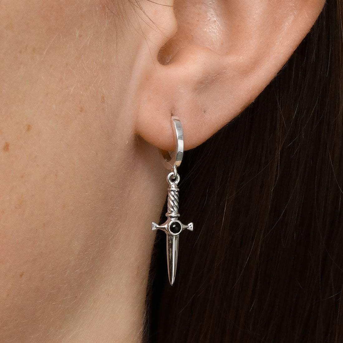 Sterling Silver Cosmic Dagger Onyx Huggies