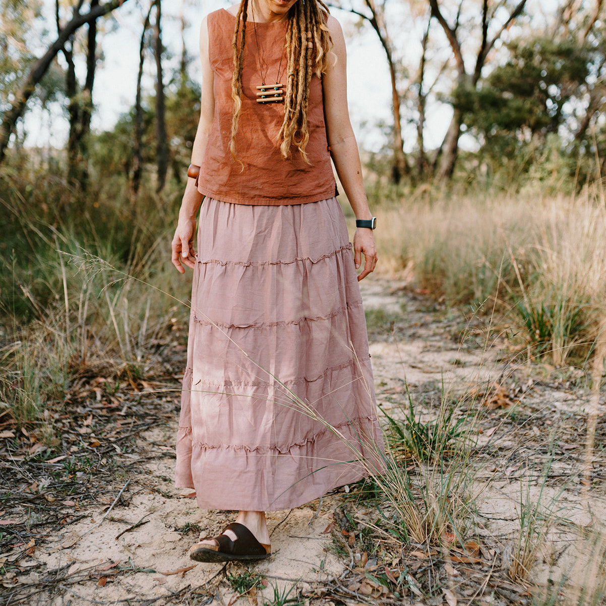 Cotton Tiered Maxi Skirt - Dusty Rose