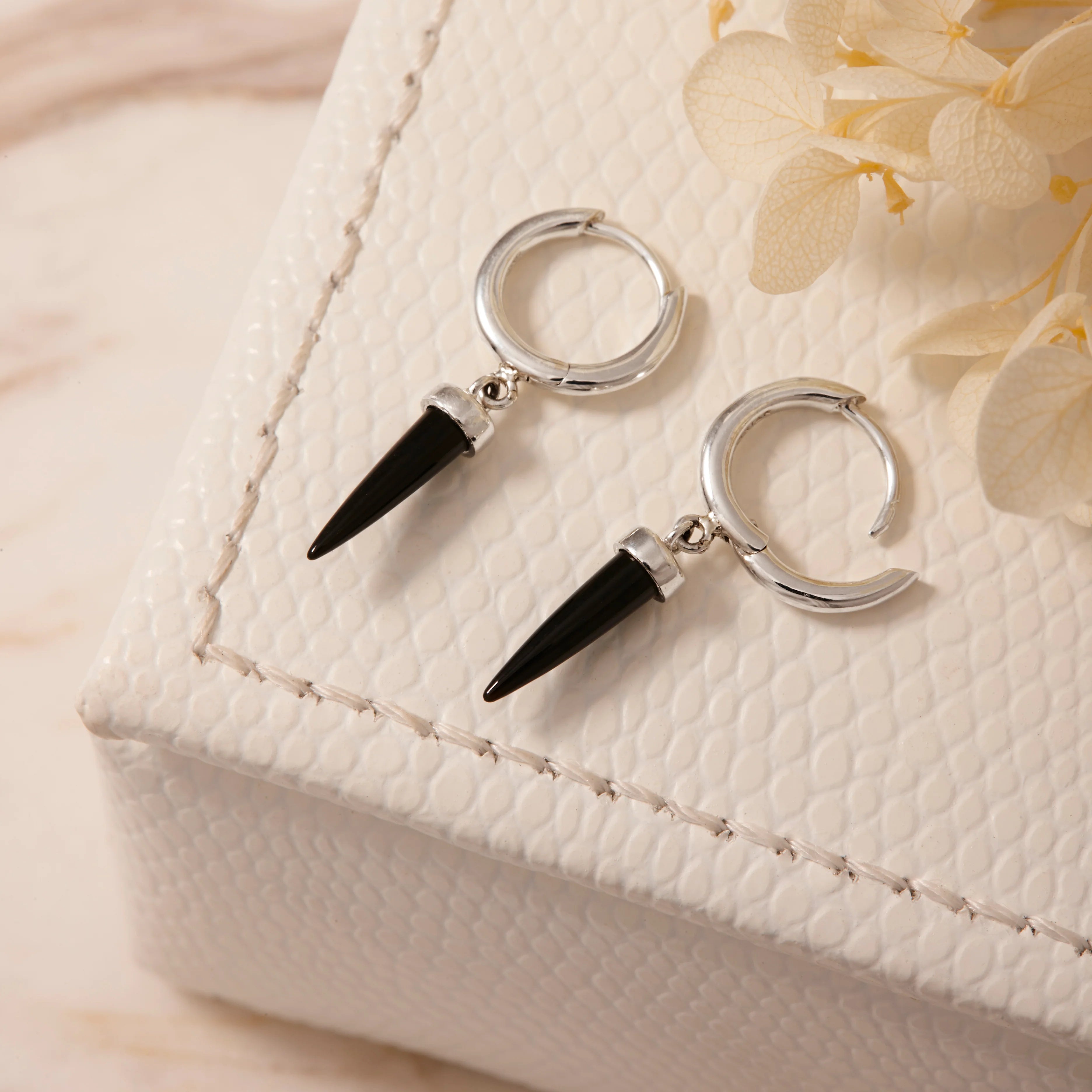 Sterling Silver Pyramidal Black Onyx Huggies