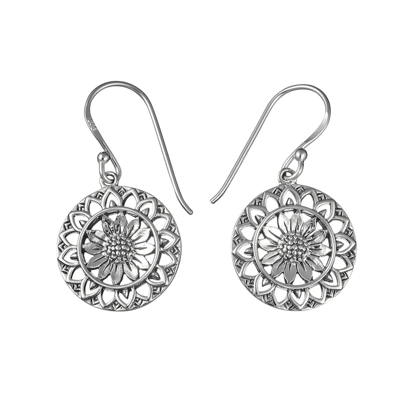 Sterling Silver Sunflower Mantra Earrings