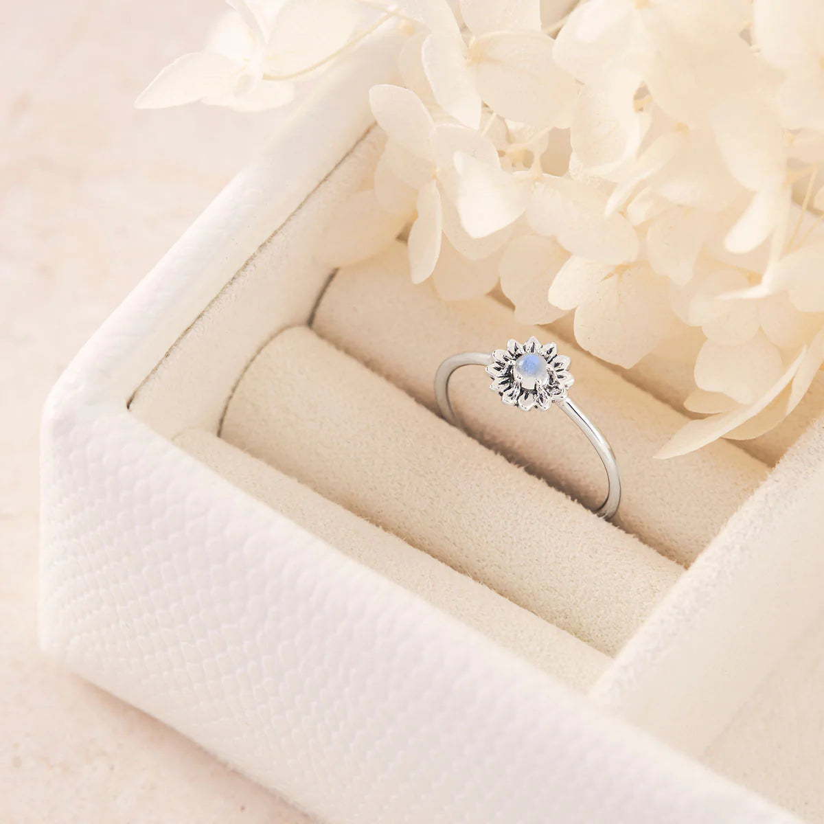 Sterling Silver Delicate Sunflower Moonstone Ring