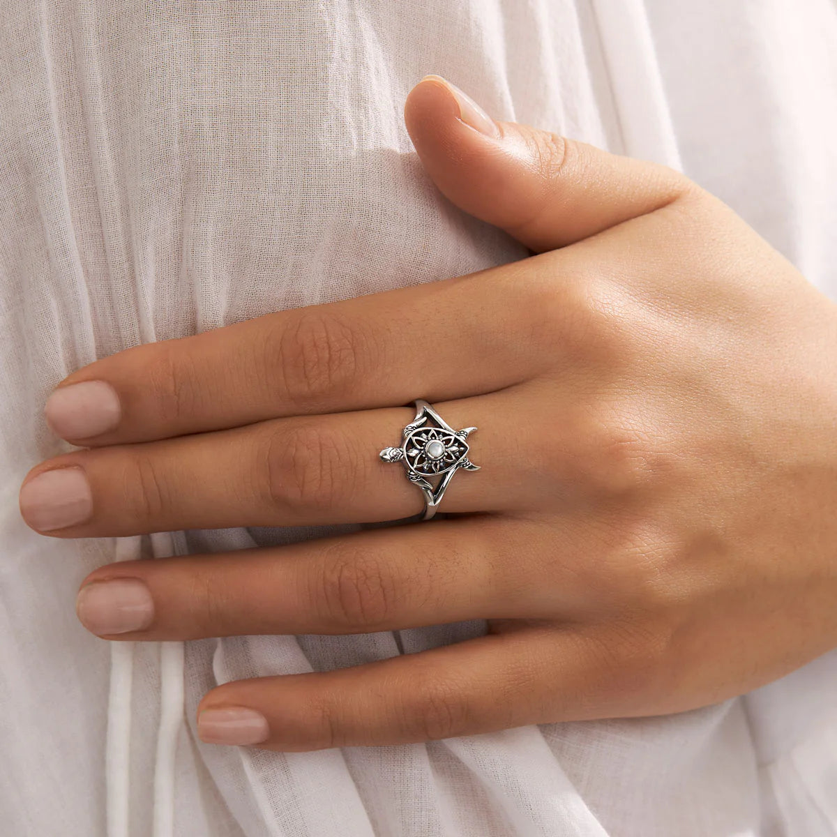 Sterling Silver Pearl Turtle Ring