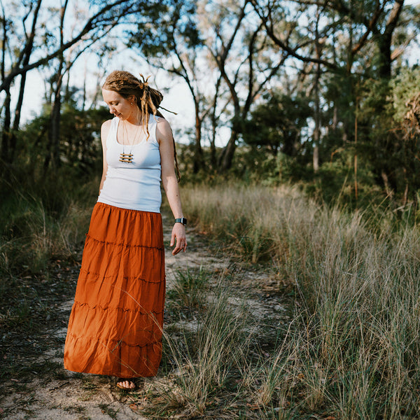 Cotton Tiered Maxi Skirt - Rust