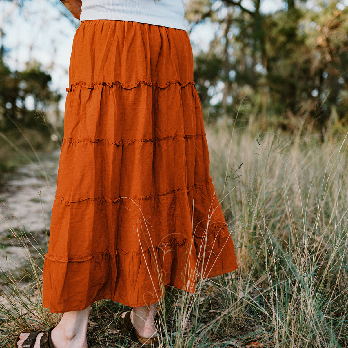 Cotton Tiered Maxi Skirt - Rust