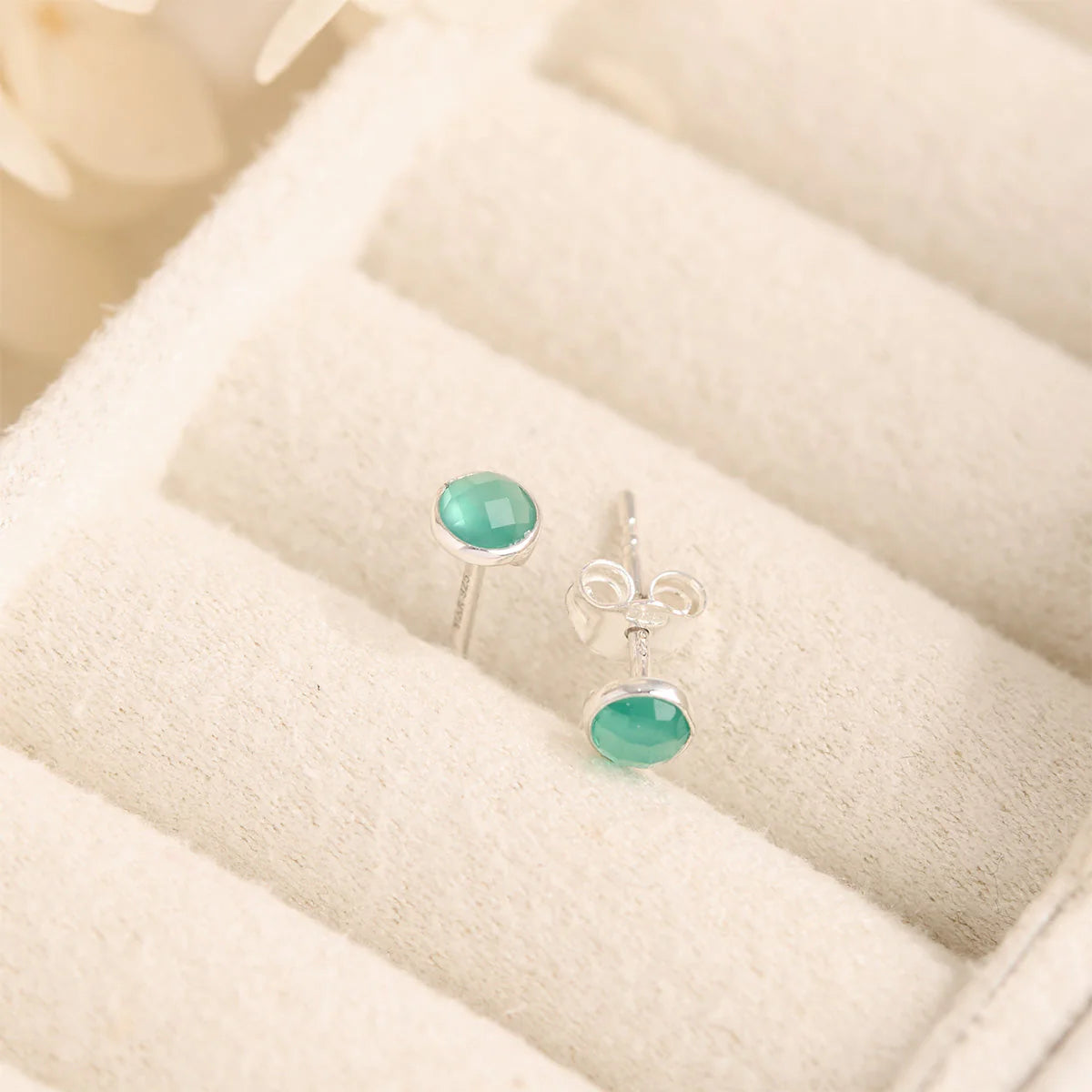 Sterling Silver Dainty Round Green Onyx Studs