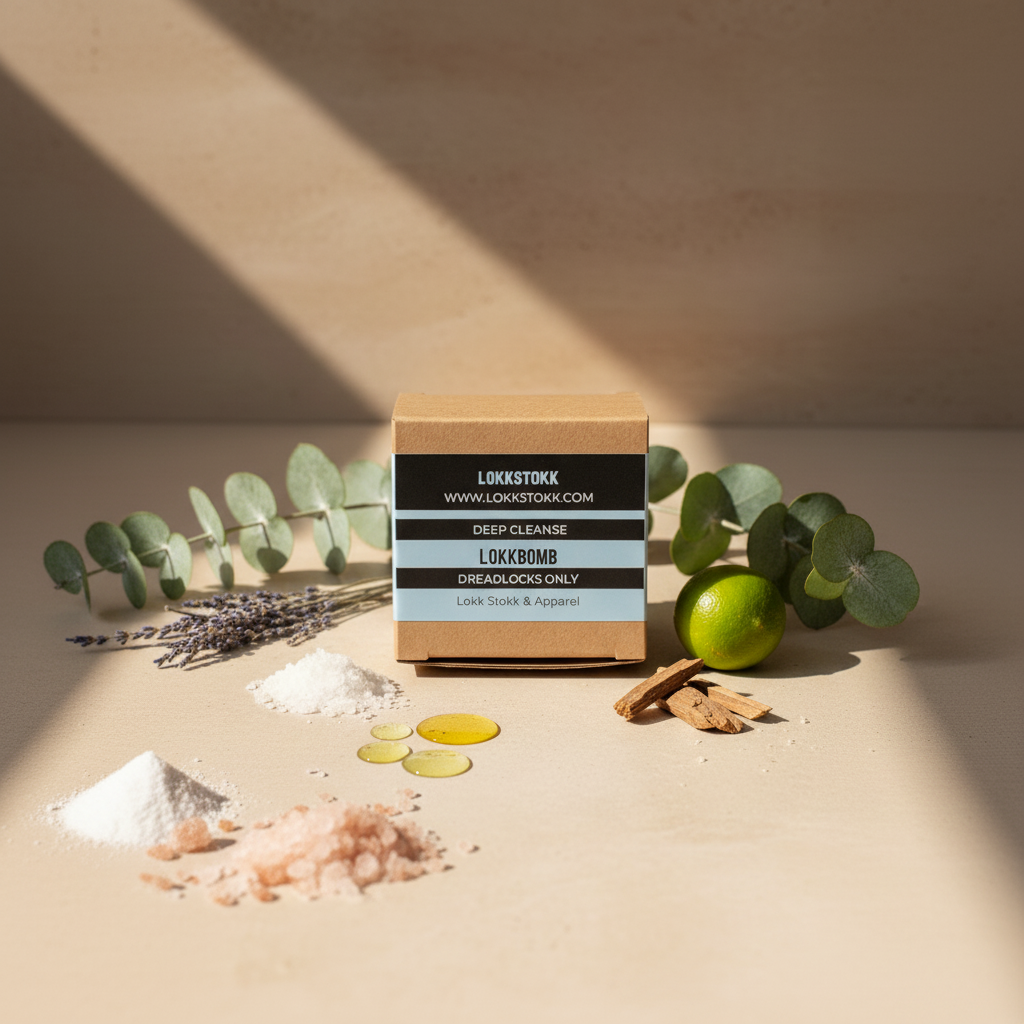 Box of LOKISTOKK products with natural ingredients on a beige surface