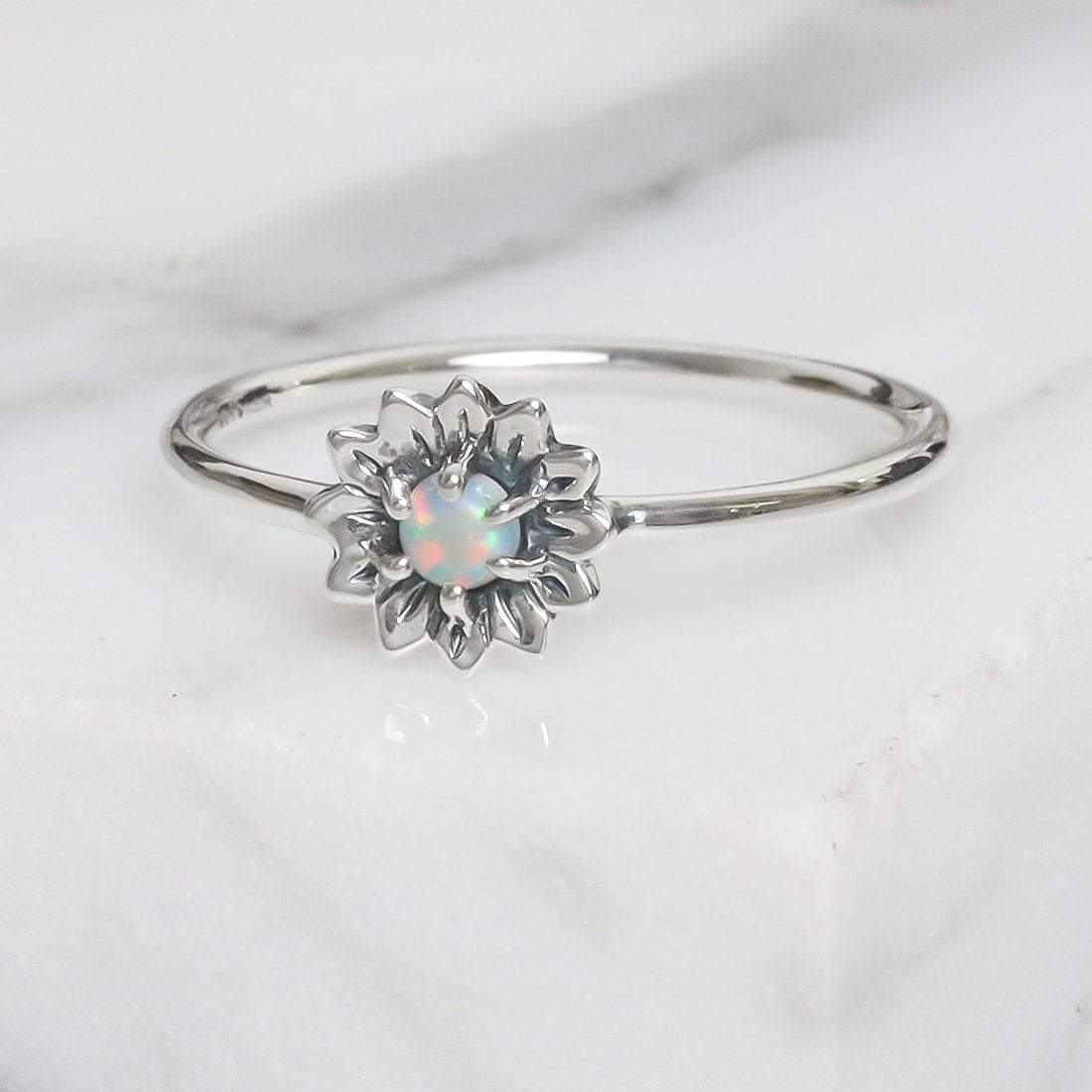 Sterling Silver Delicate Sunflower Opal Ring